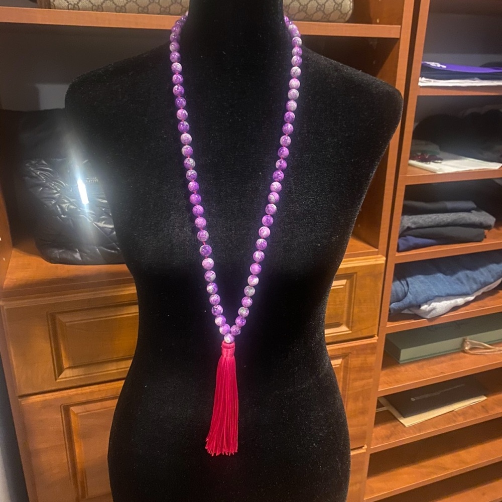 Purple Beaded Necklace with Fuchsia Tassel